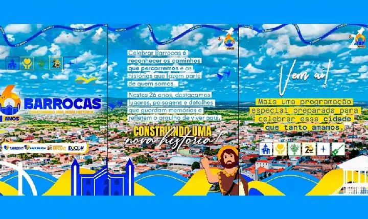 Prefeitura de Barrocas divulga programação dos 26 anos com inaugurações e festa na praça