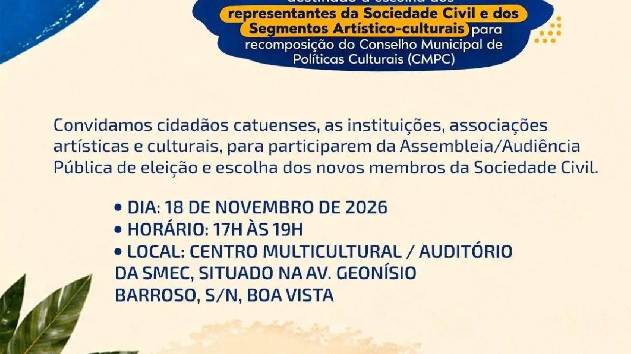 Prefeitura de Catu abre inscrições para eleição de novos membros do Conselho Municipal de Políticas Culturais