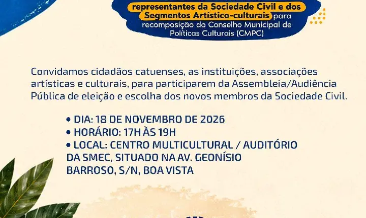 Prefeitura de Catu abre inscrições para eleição de novos membros do Conselho Municipal de Políticas Culturais