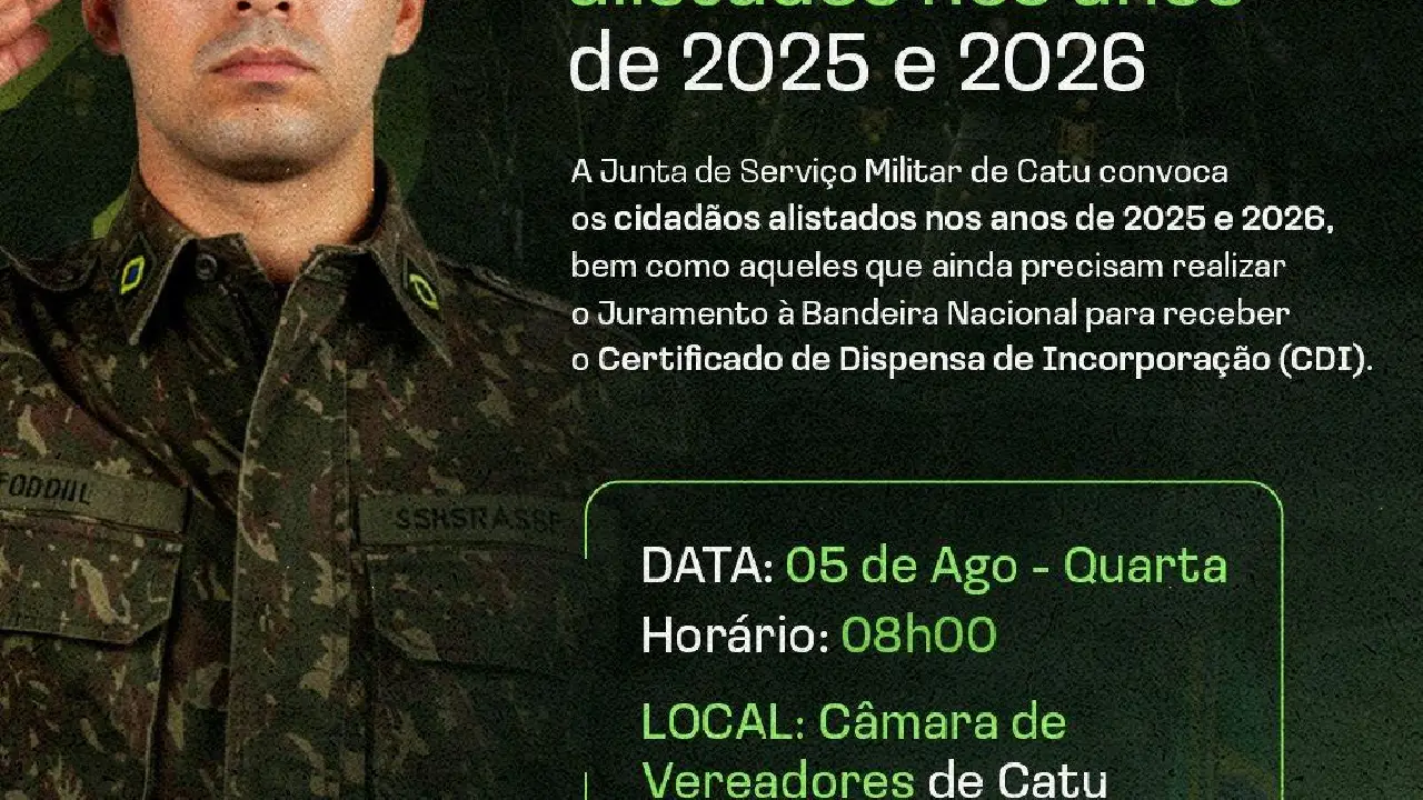 Serviço Militar de Catu convoca alistados de 2025 e 2026 para Juramento à Bandeira