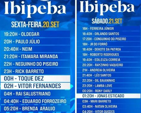 CONFIRA A PROGRAMAÇÃO COMPLETA DOS FESTEJOS DE IBIPEBA 2024