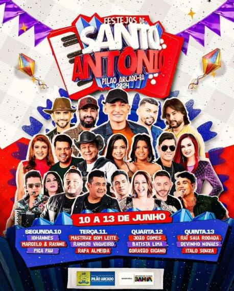 PREFEITURA DIVULGA PROGRAMAÇÃO DOS FESTEJOS SANTO ANTONIO 2024 EM PILÃO ARCADO