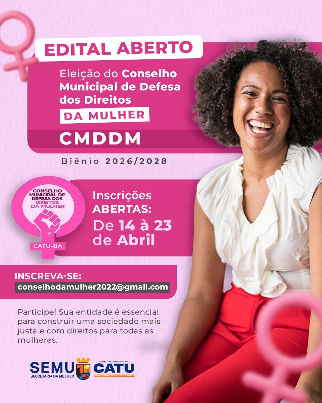 Prefeitura de Catu abre inscrições para eleição do Conselho Municipal dos Direitos da Mulher