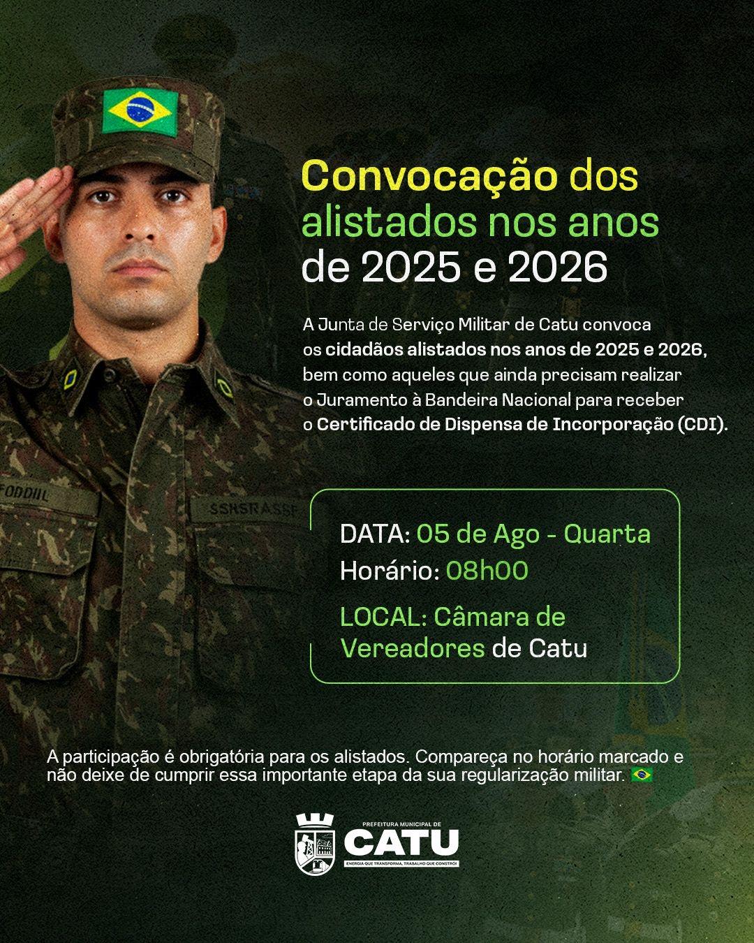 Serviço Militar de Catu convoca alistados de 2025 e 2026 para Juramento à Bandeira