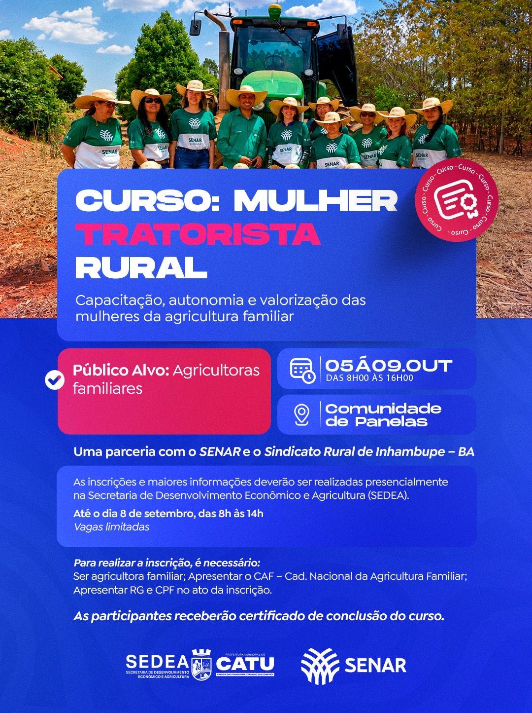 Catu promove curso “Mulher Tratorista Rural” em parceria com o SENAR