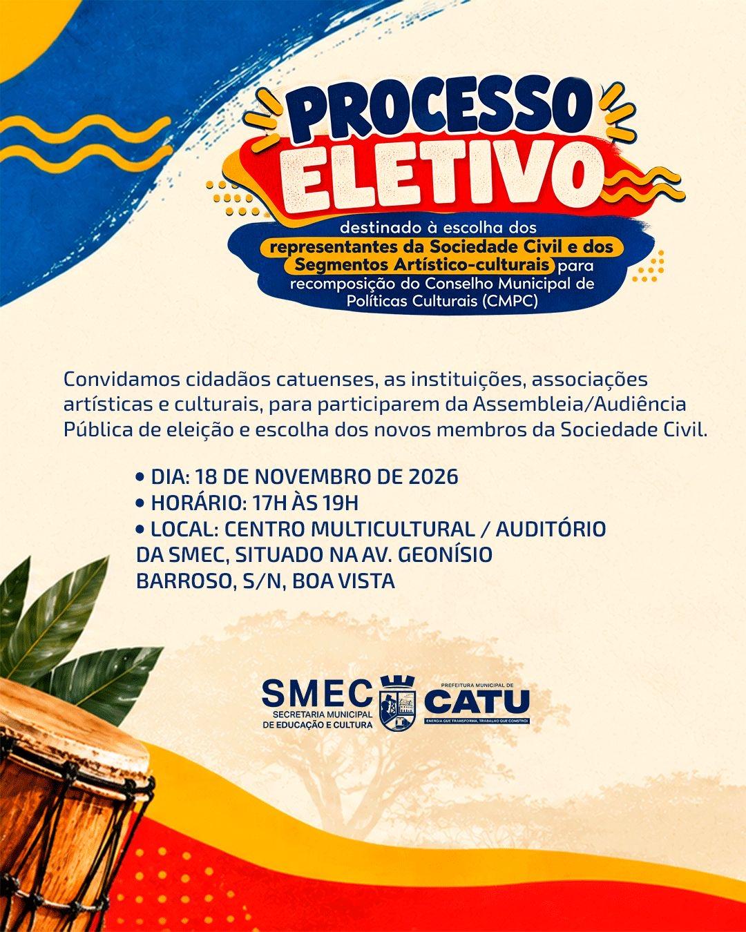 Prefeitura de Catu abre inscrições para eleição de novos membros do Conselho Municipal de Políticas Culturais